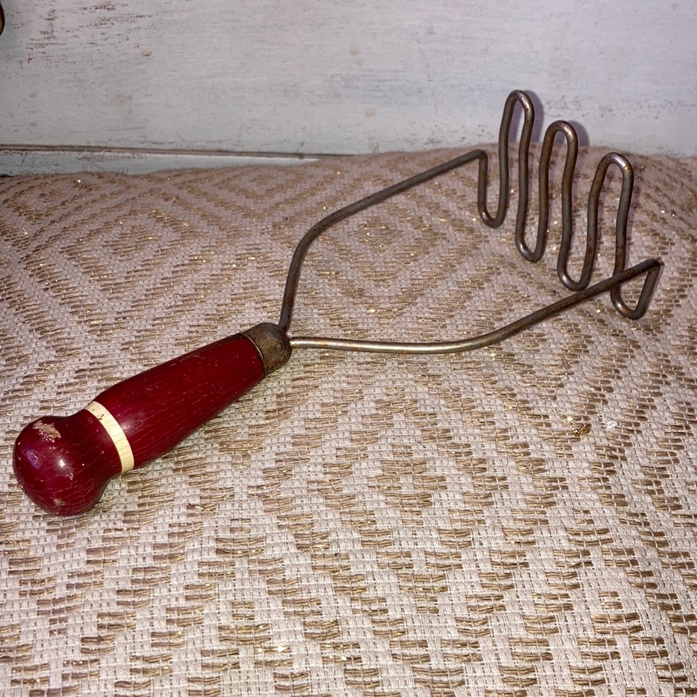 Antique Potato Masher Red Wooden Handle Farmhouse Kitchen